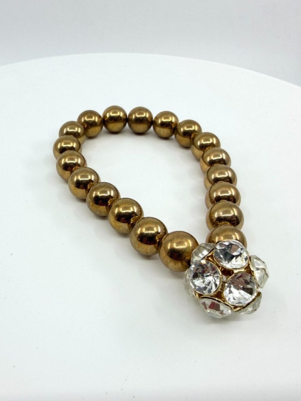 Vintage Gold Tone Beaded Stretch Bracelet Chunky Rhinestone Disco Ball Focal 90s